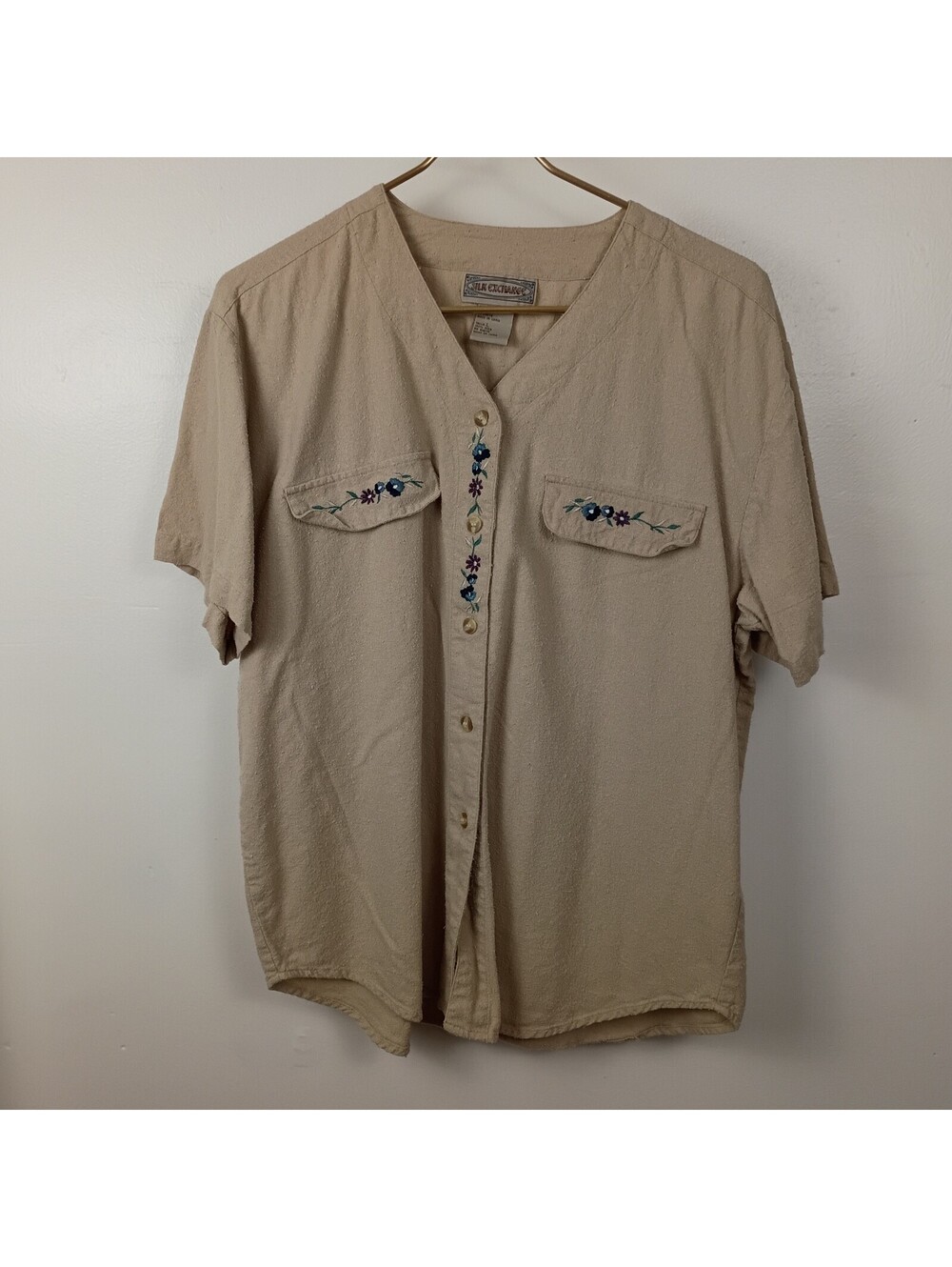 Vintage Silk Exchange 100% Silk Textured Noil Raw Silk Embroidered Safari Blouse